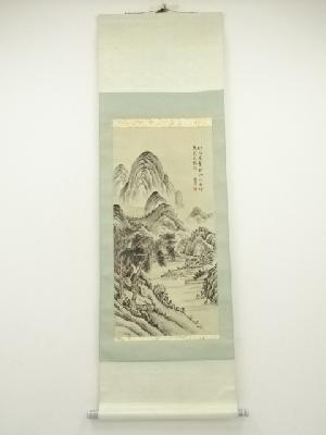 中国　秋碧筆　水墨山水　肉筆絹本掛軸